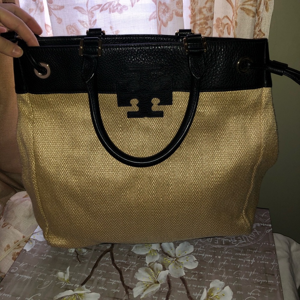 Tory Burch Straw Stacked Logo Handbag Black